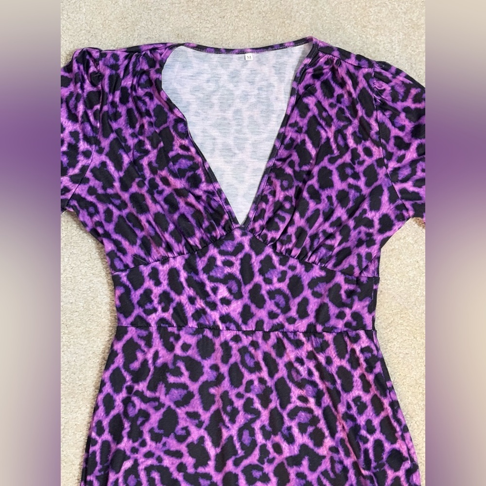 Purple Leopard Print Ruched Bodycon Dress | Long Sleeve Party Dress M - Picture 4 of 8